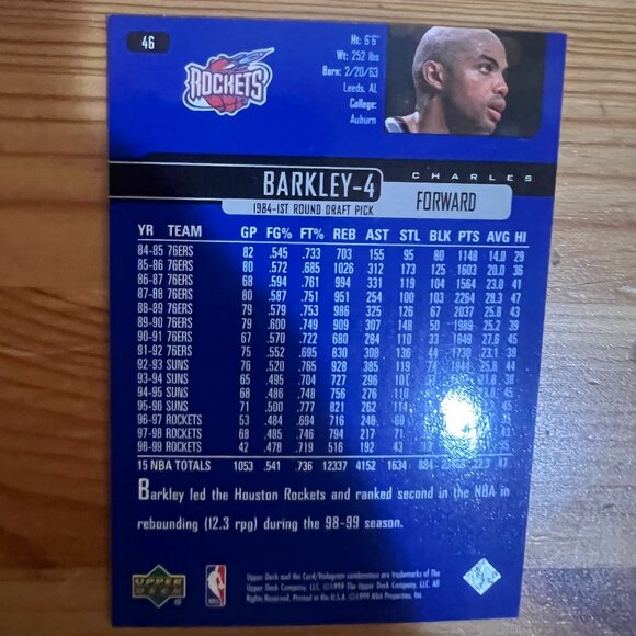 1999-00 UPPER DECK #46 CHARLES BARKLEY HOUSTON ROCKETS - Picture 2 of 2